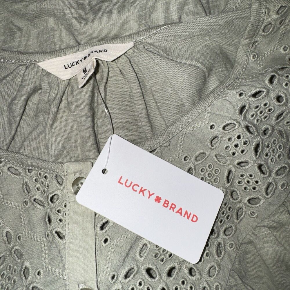 NWT Lucky Brand Top Medium Blouse Green Cotton Lace Short Sleeve Peasant Boho - Picture 12 of 14